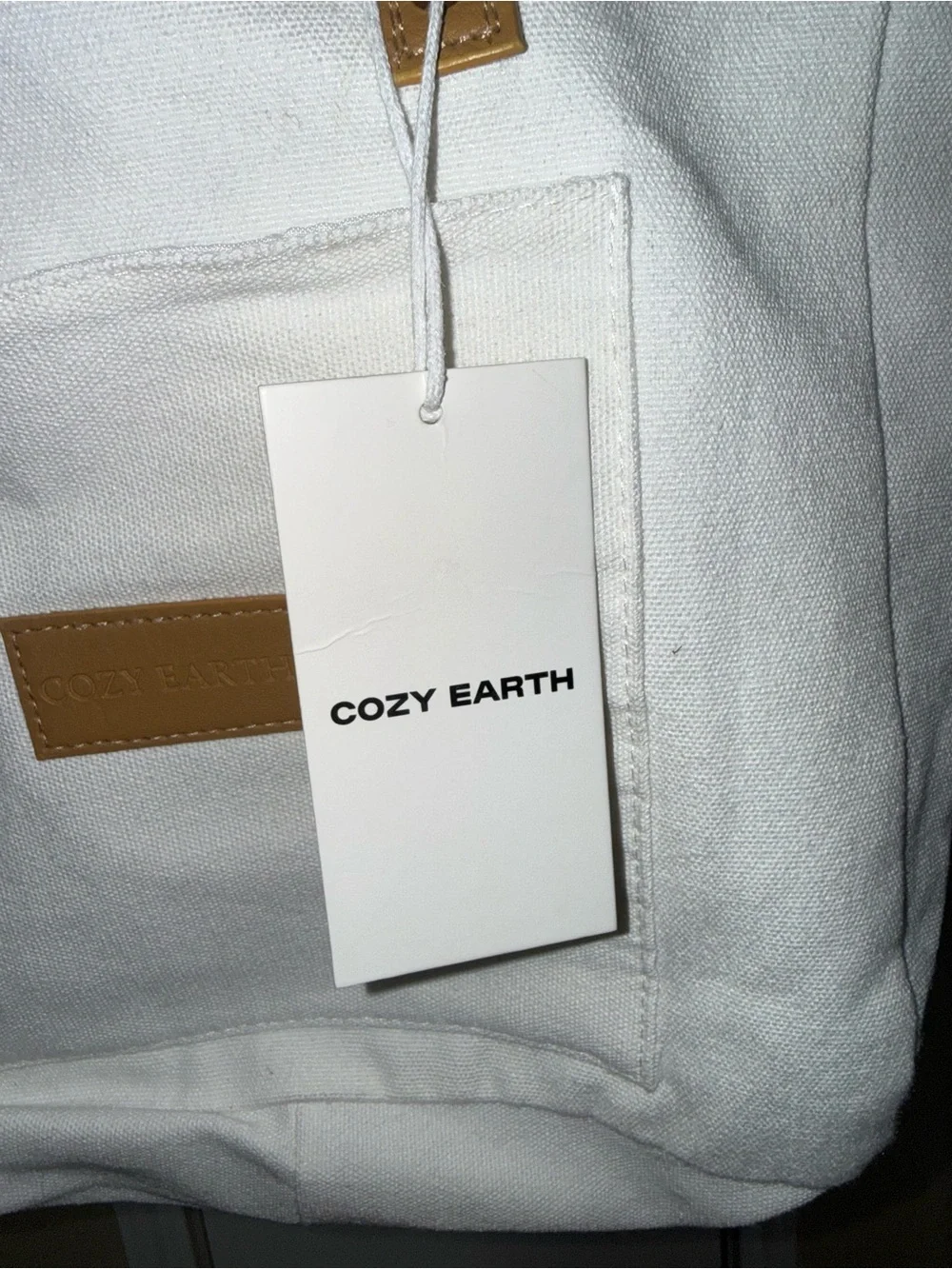 Cozy Earth Canvas Tote Bag Off White Tan Vegan Leather Handles NWT